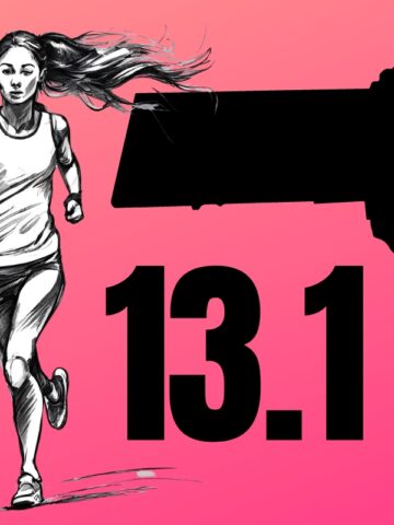 A sketch of a woman running next to an outline of the state of Massachusetts and text that says 13.1, alluding to a half marathon.