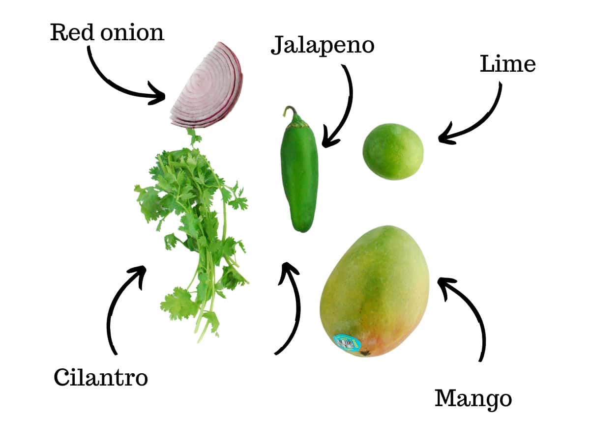 Mango, lime, jalapeno, red onion, and cilantro.