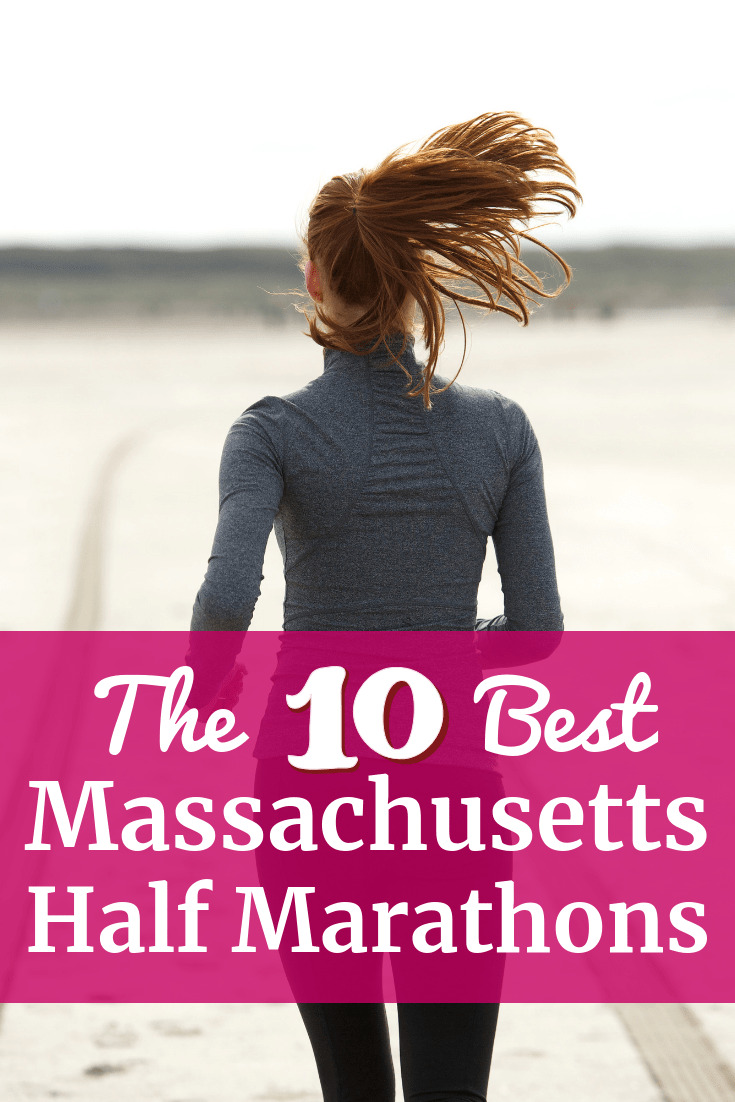 A woman running on snowy roads getting ready for a Massachusetts half marathon.