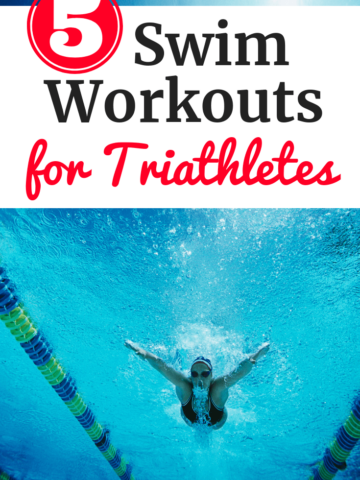 A woman swimming in a pool with a text overlay about swim workouts for triathletes
