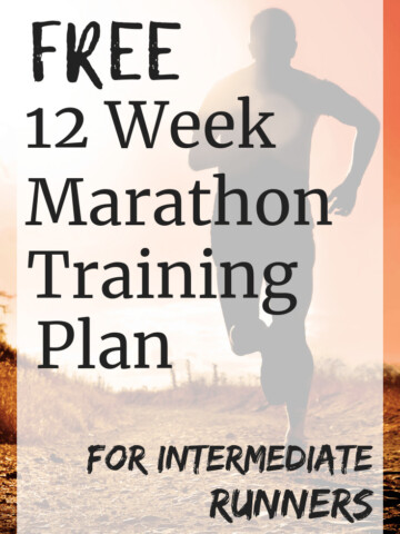 A man running outside with a text overlay that says free 12 week marathon training plan for intermediate runneres
