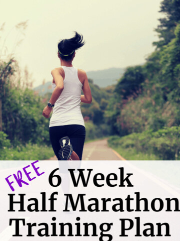 Female runner with a text overlay about a free 6 week half marathon training plan