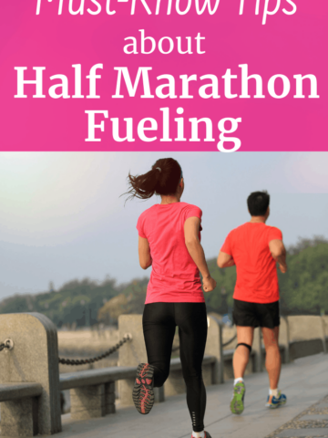 Two runners outside with a text overlay about tips for half marathon fueling