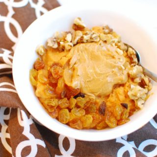 sweet potato breakfast bowl next to a brown napkin