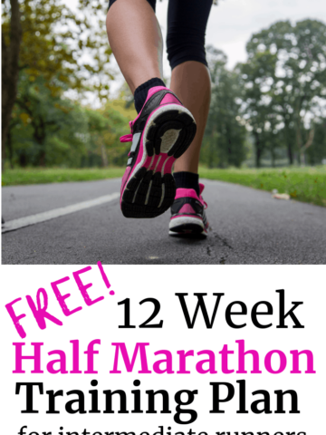 A woman running outdoors with a text overlay about a 12 week half marathon training plan