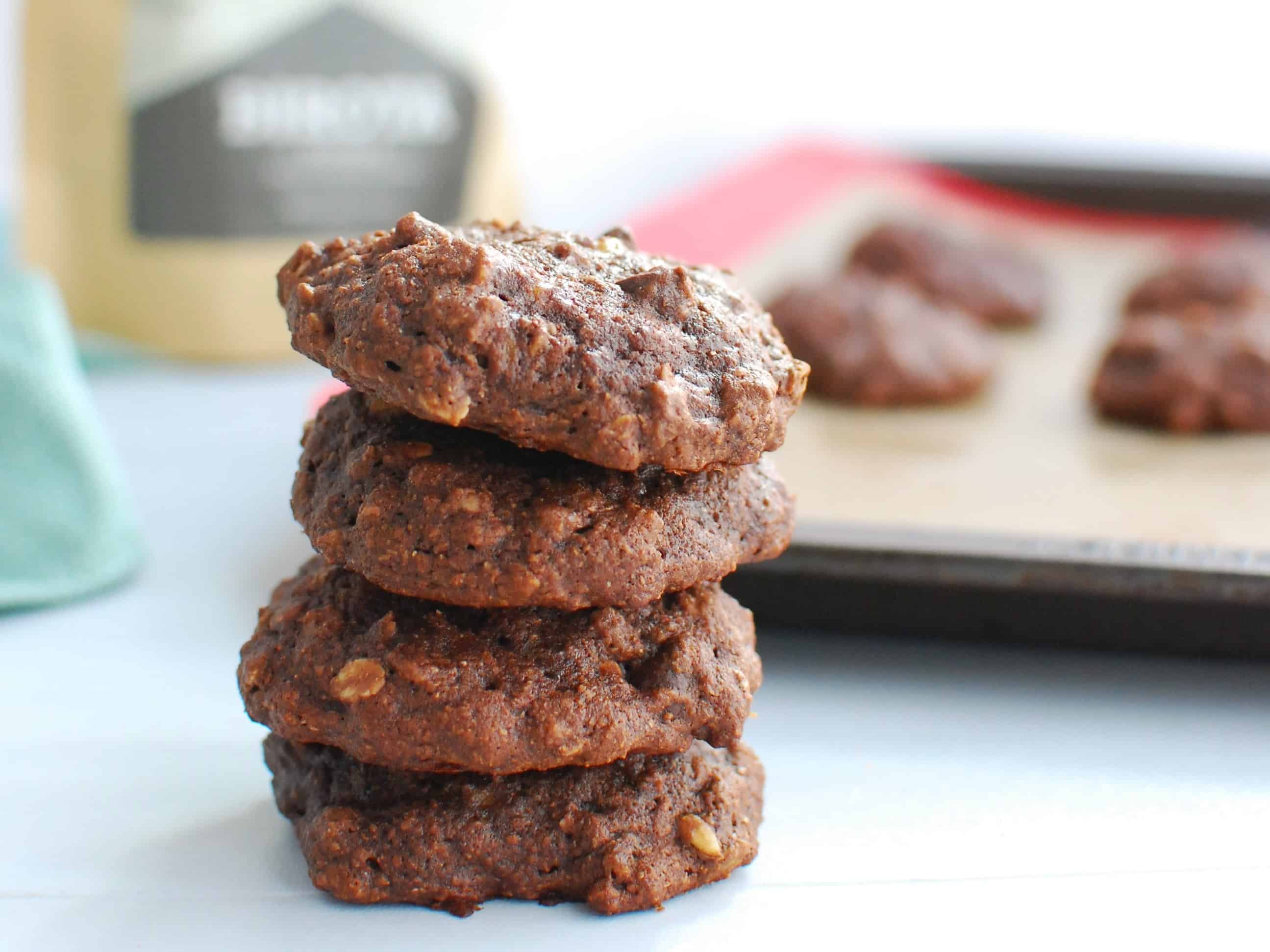 Four double chocolate banana cookies.