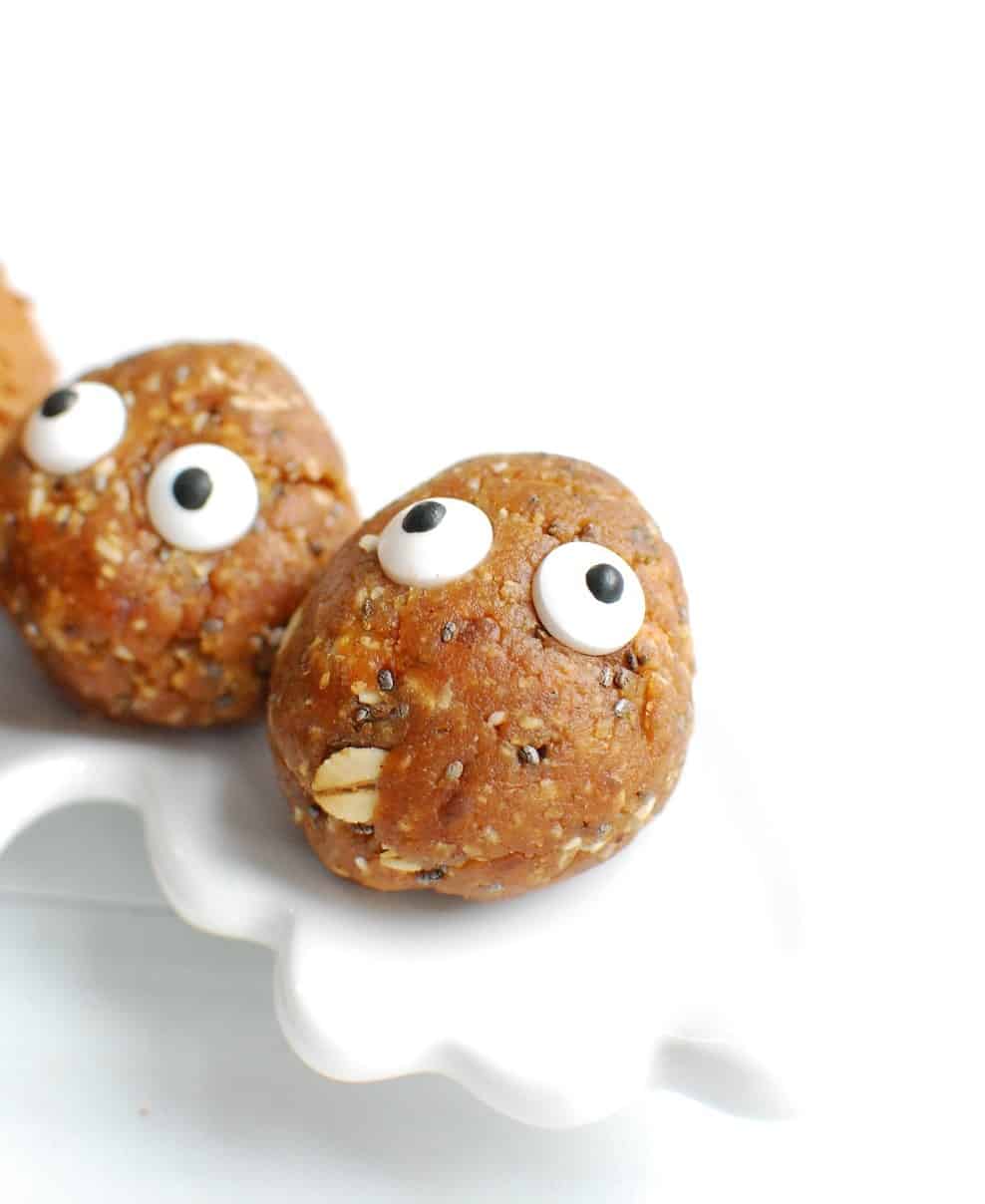 apple peanut butter balls with edible candy eyeballs