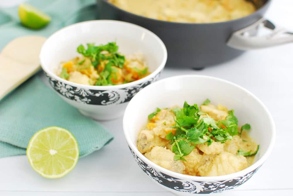 Two bowls of monkfish curry