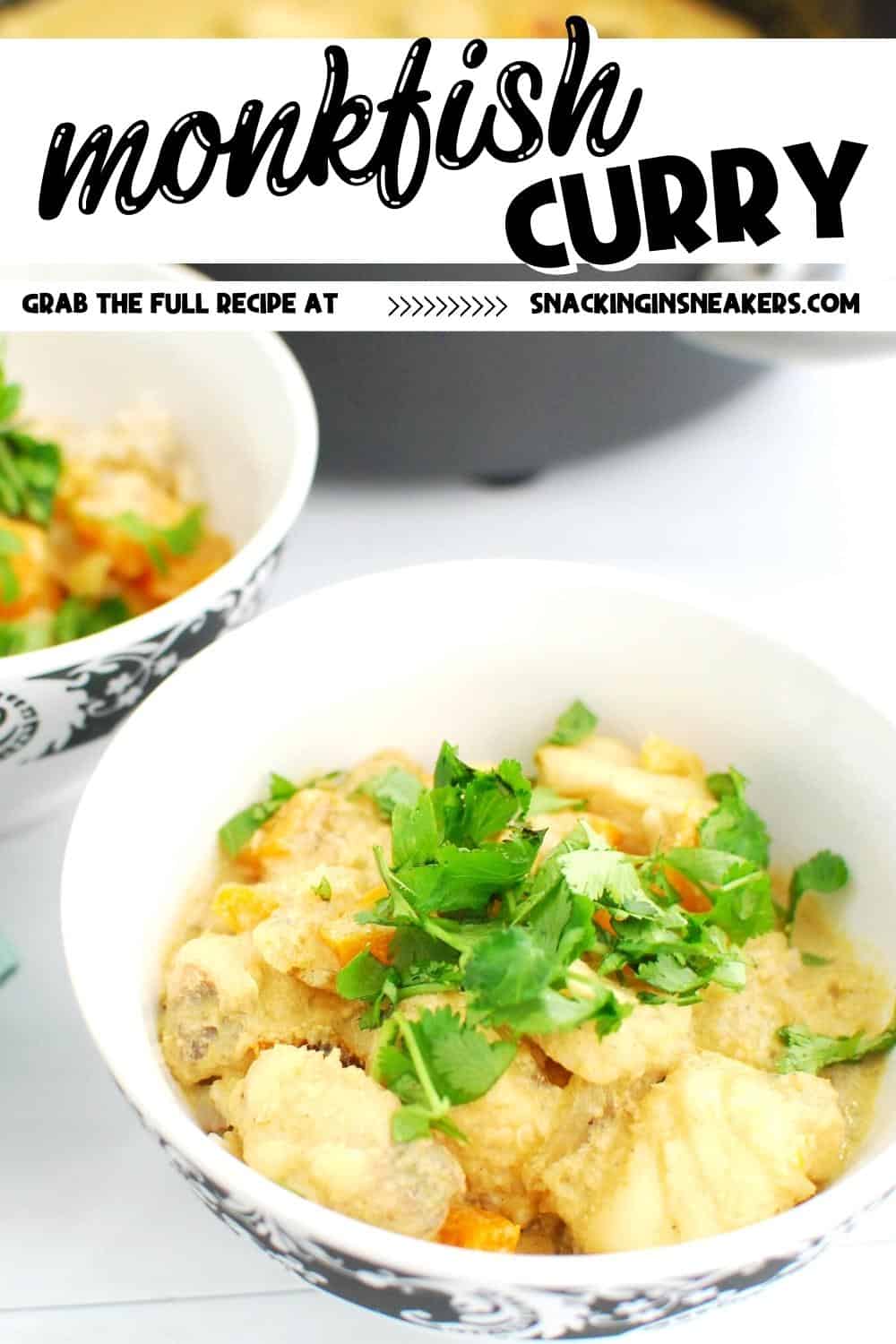A bowl of monkfish curry with a text overlay for Pinterest.