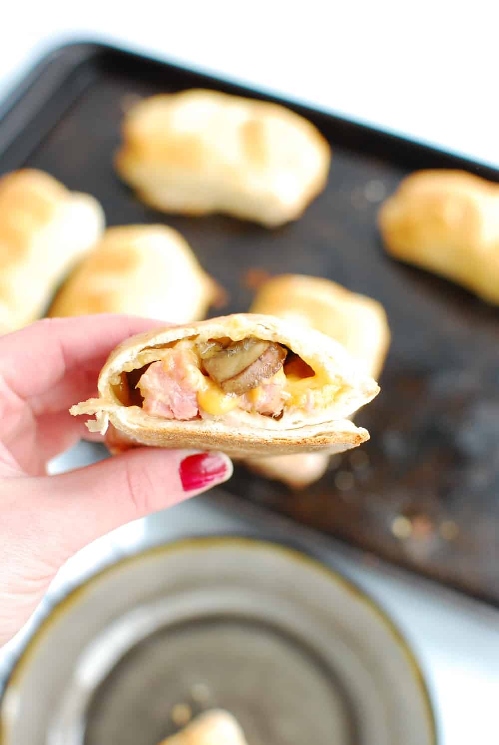 A hand holding a homemade mushroom ham and cheese pocket