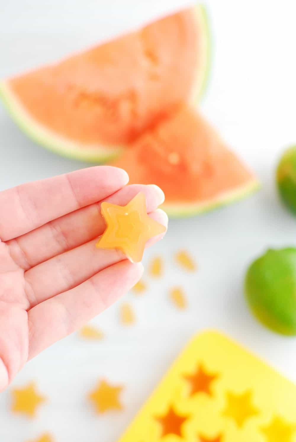 Homemade gummy bears made with watermelon, lime, and gelatin