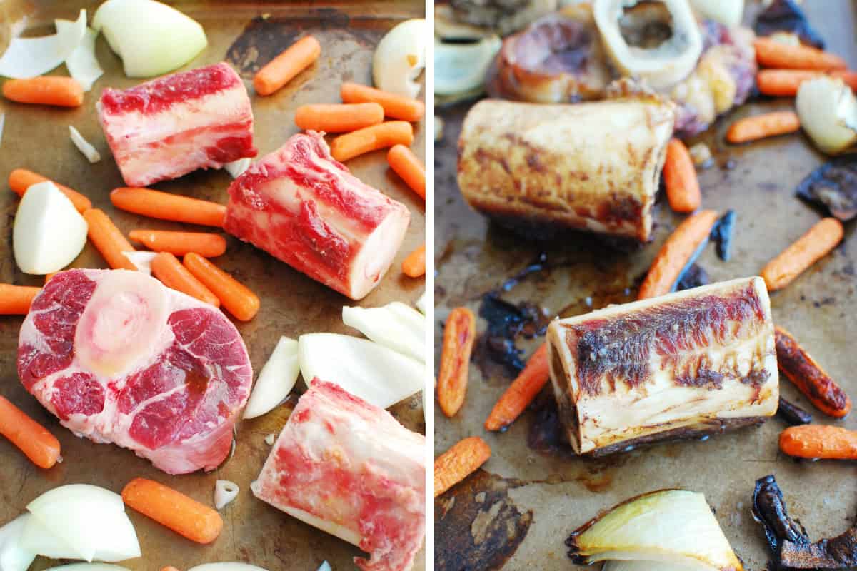 A collage of the beef bones on a baking sheet before and after roasting.