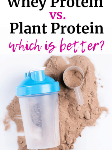 A shaker bottle with some protein powder, and a text overlay about whey protein vs plant protein