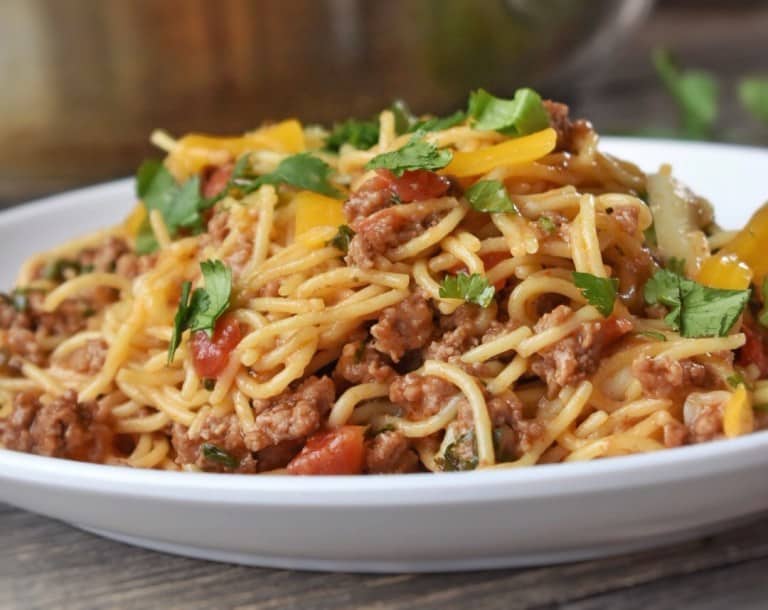 Taco Pasta skillet on a white plate.