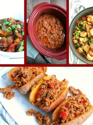 A collage of beef meal prep recipes including chili, shredded beef, shrimp and steak stir fry, and beef stuffed sweet potatoes.