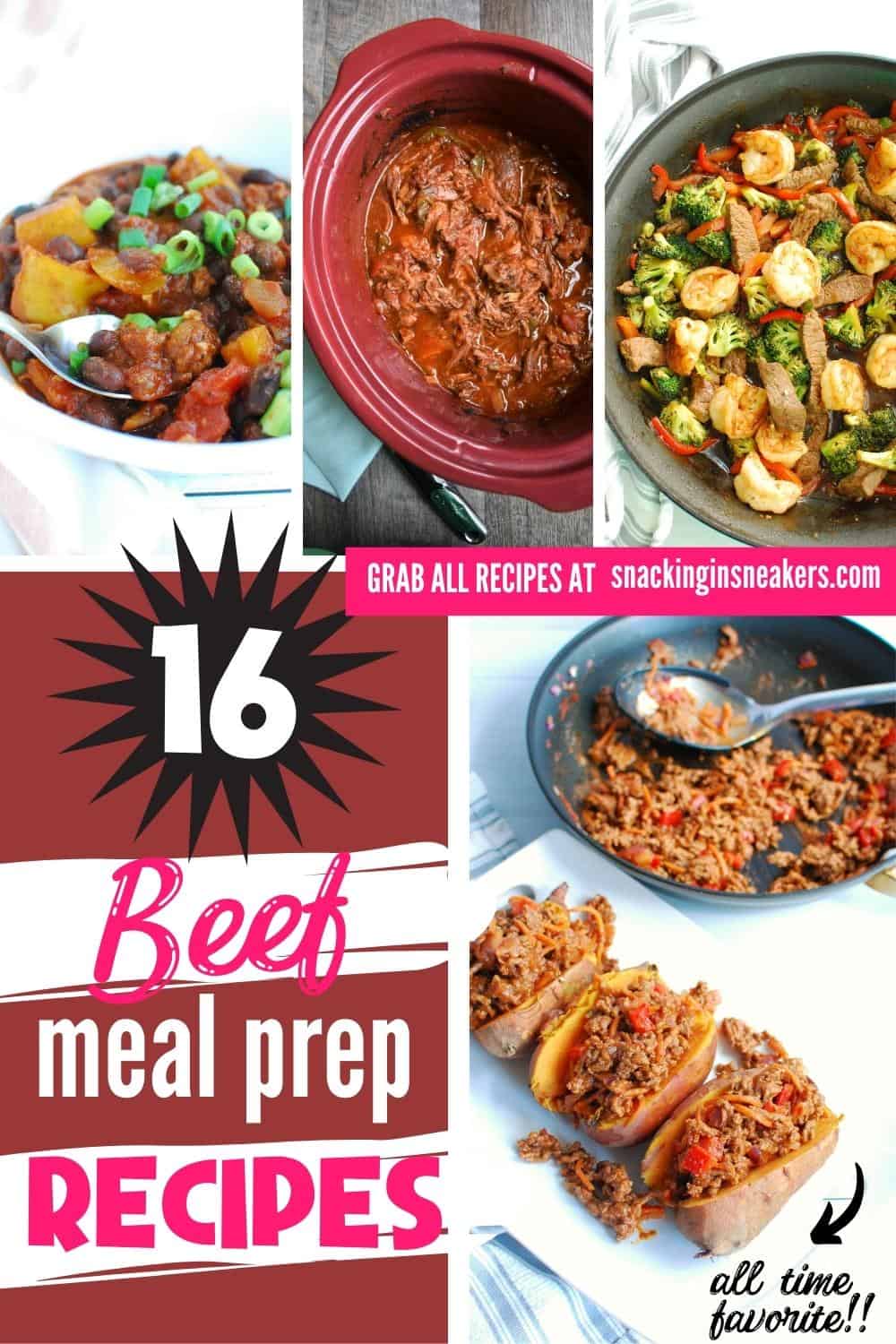A collage of several beef meal prep recipes with a text overlay for Pinterest.