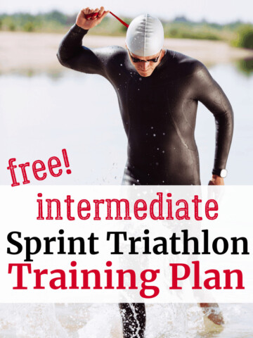 A triathlete coming out of the water with a text overlay about a sprint triathlon training plan