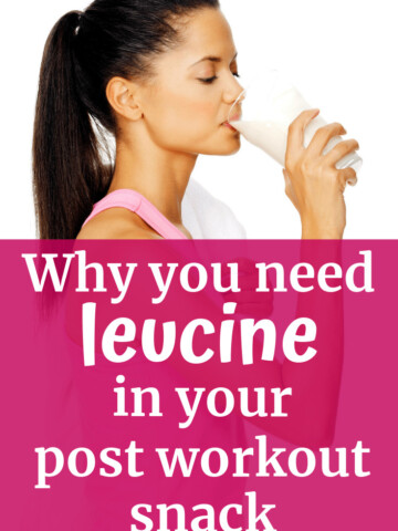 A woman drinking a glass of milk with a text overlay about post workout leucine
