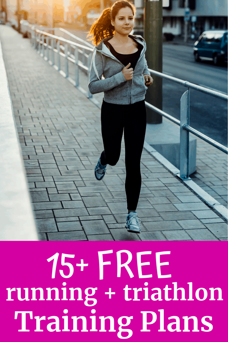 A woman running outdoors with a text overlay about free running and triathlon training plans