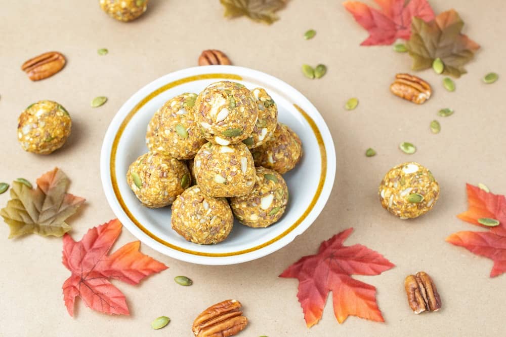 Pumpkin energy bites in a bowl