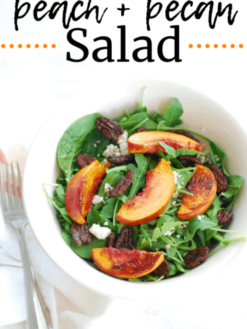 Arugula spinach salad with pecans, peaches, and blue cheese