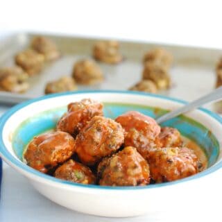 a bowl full of buffalo turkey meatballs