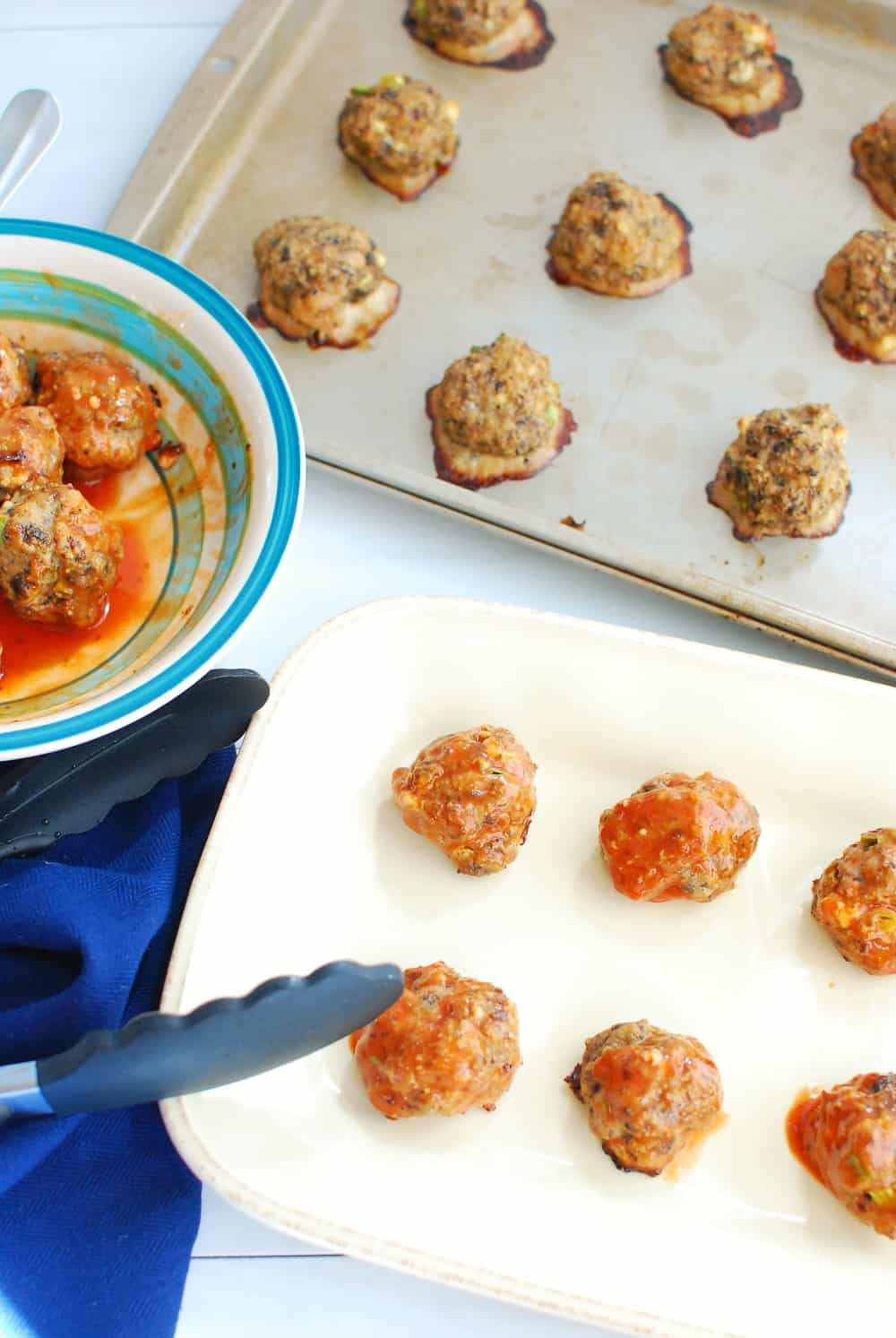 A platter with buffalo turkey meatballs