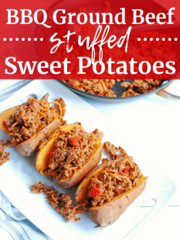 BBQ ground beef stuffed sweet potatoes on a white plate