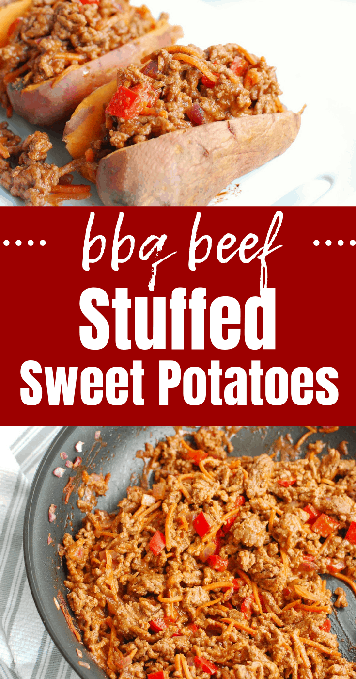 A collage image with a stuffed sweet potato and a pan full of BBQ ground beef