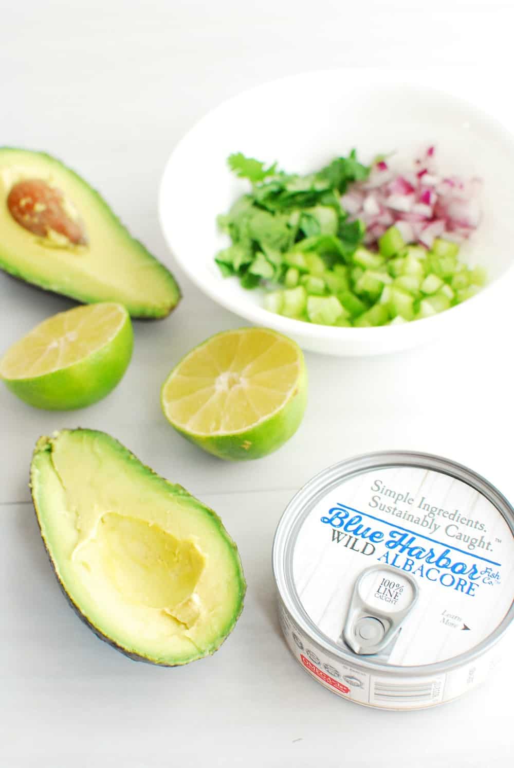 Ingredients to make avocado tuna salad
