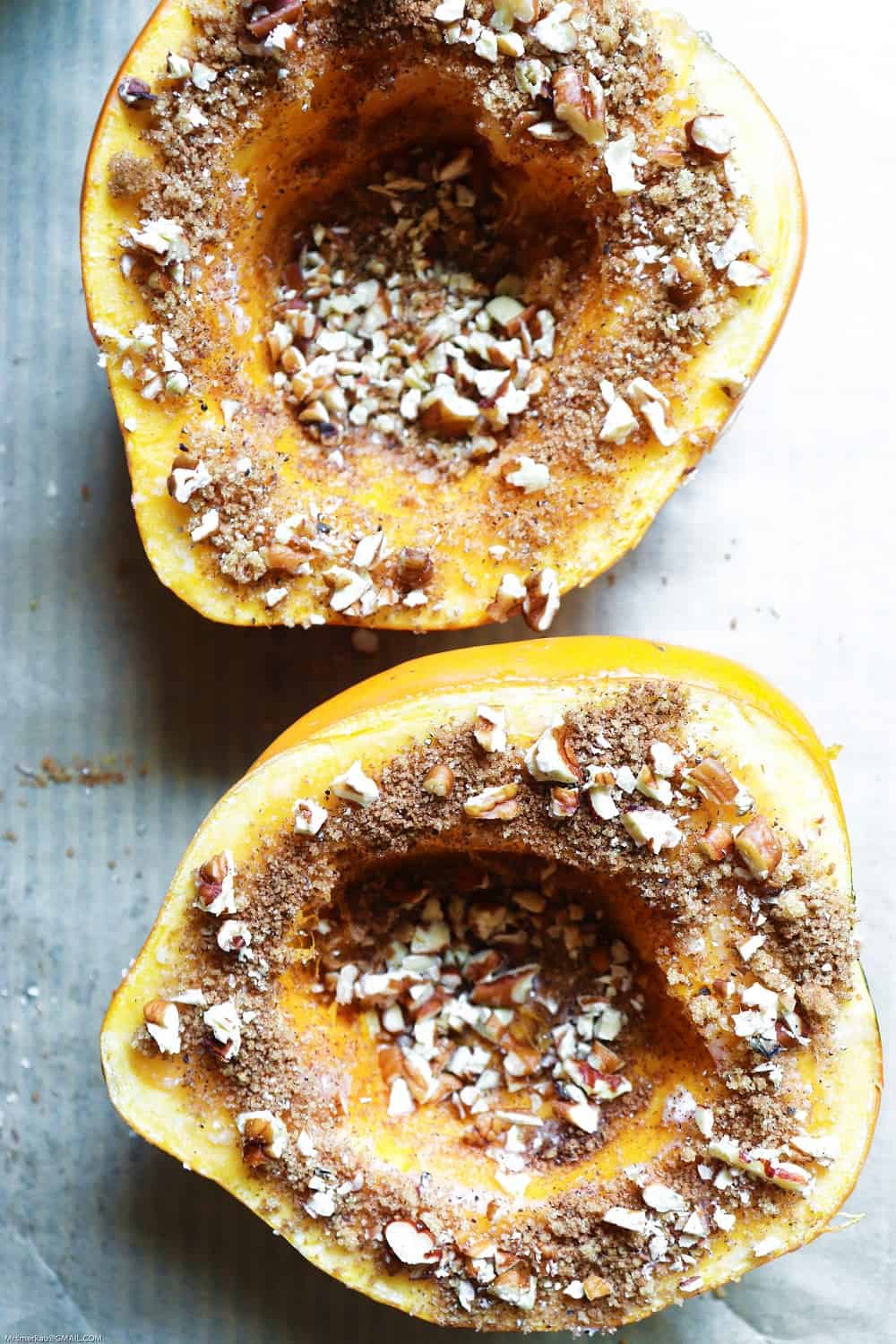 Acorn squash sprinkled with sugar and pecans