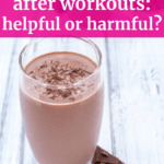A glass of chocolate milk with a text overlay about chocolate milk after workouts - is it helpful or harmful