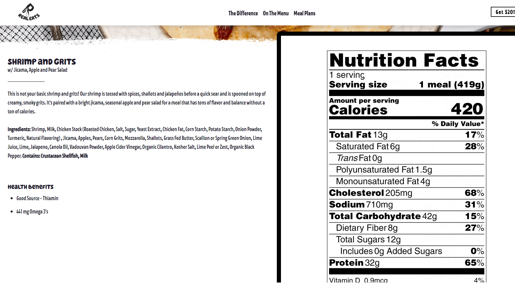 Screenshot of Real Eats nutrition information