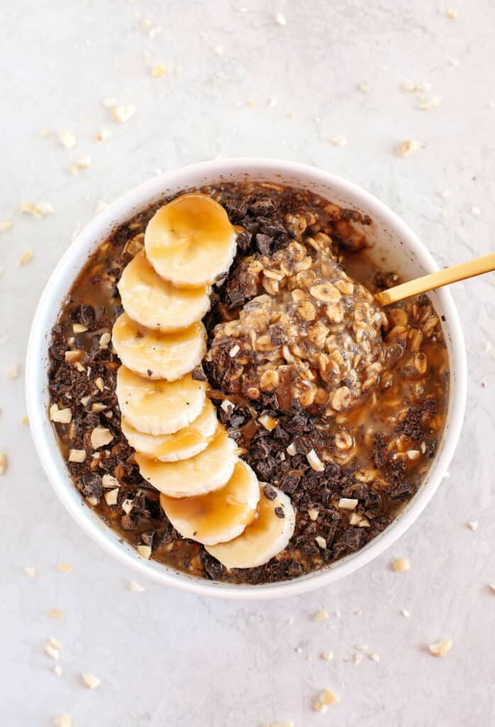 salted caramel overnight oats in a bowl