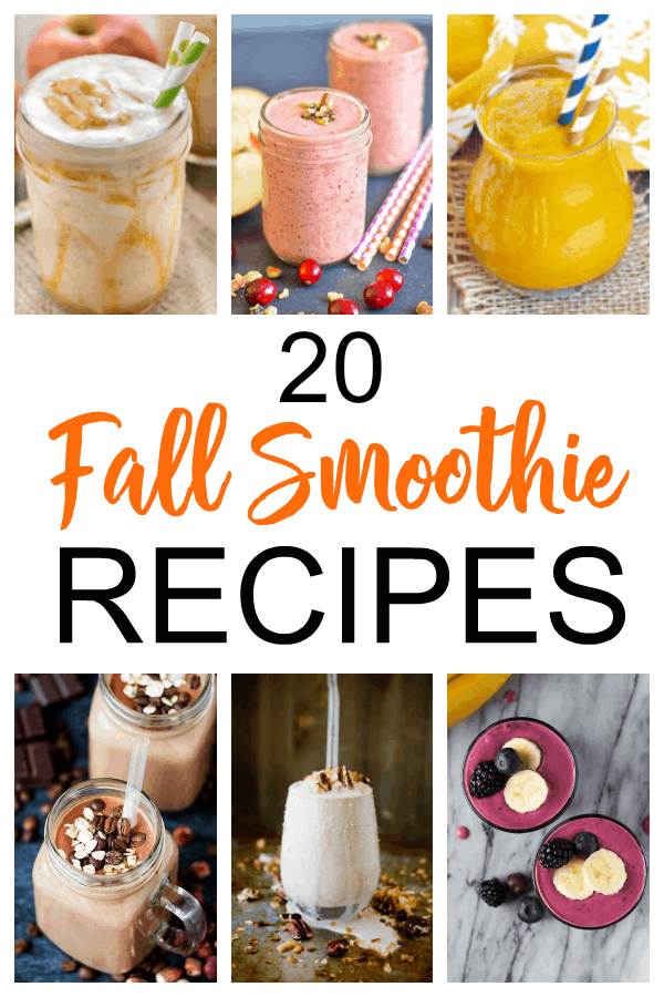 Collage image of several fall smoothies