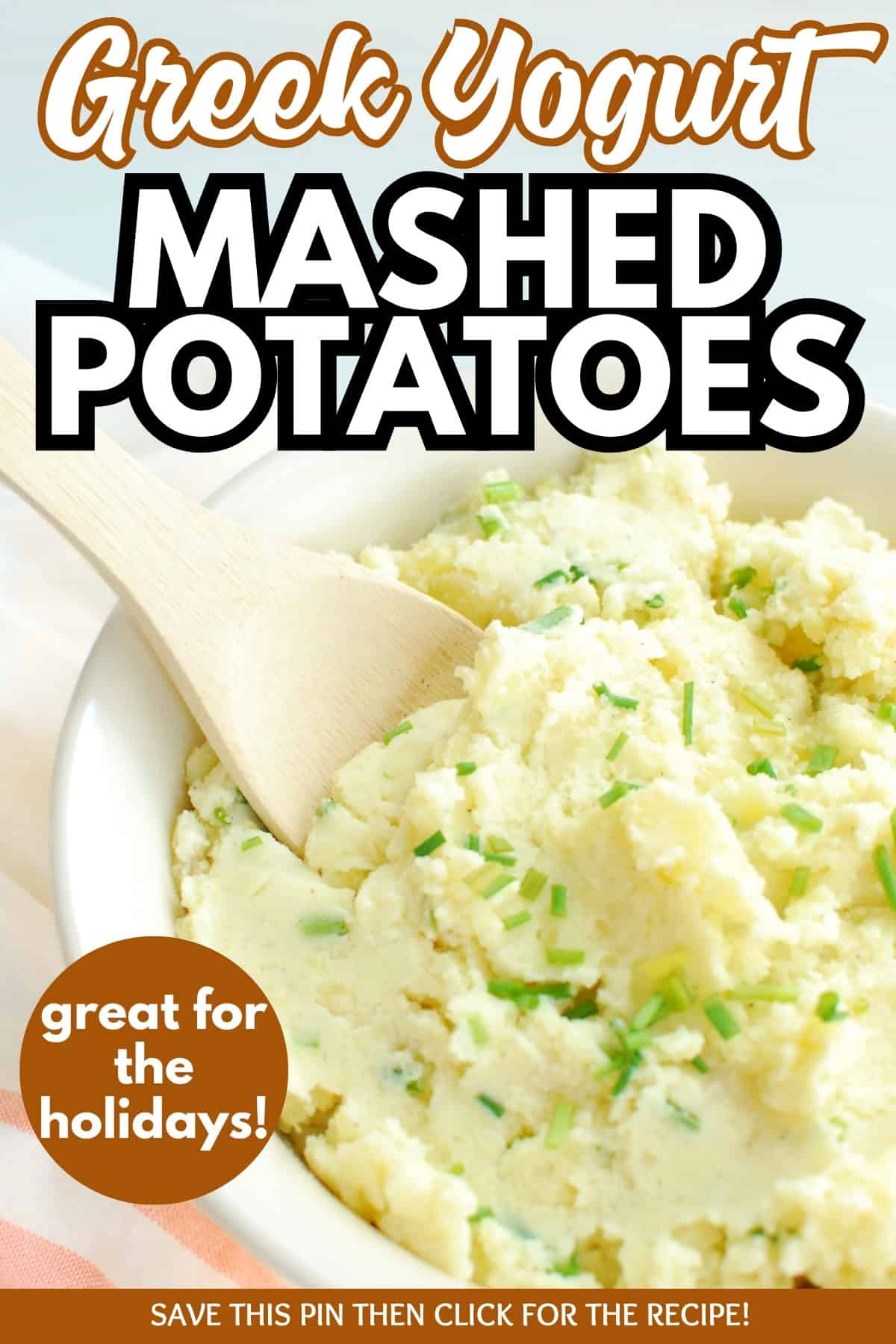 A bowl of Greek yogurt mashed potatoes with a text overlay with the name of the recipe.