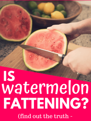 A woman slicing a piece of watermelon with a text overlay that says is watermelon fattening