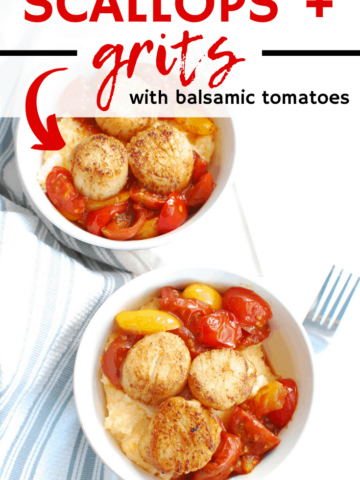 Two bowls of scallops and grits with cherry tomatoes