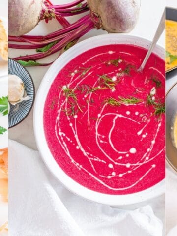 A collage of cauliflower soup, beet soup, and butternut squash soup.