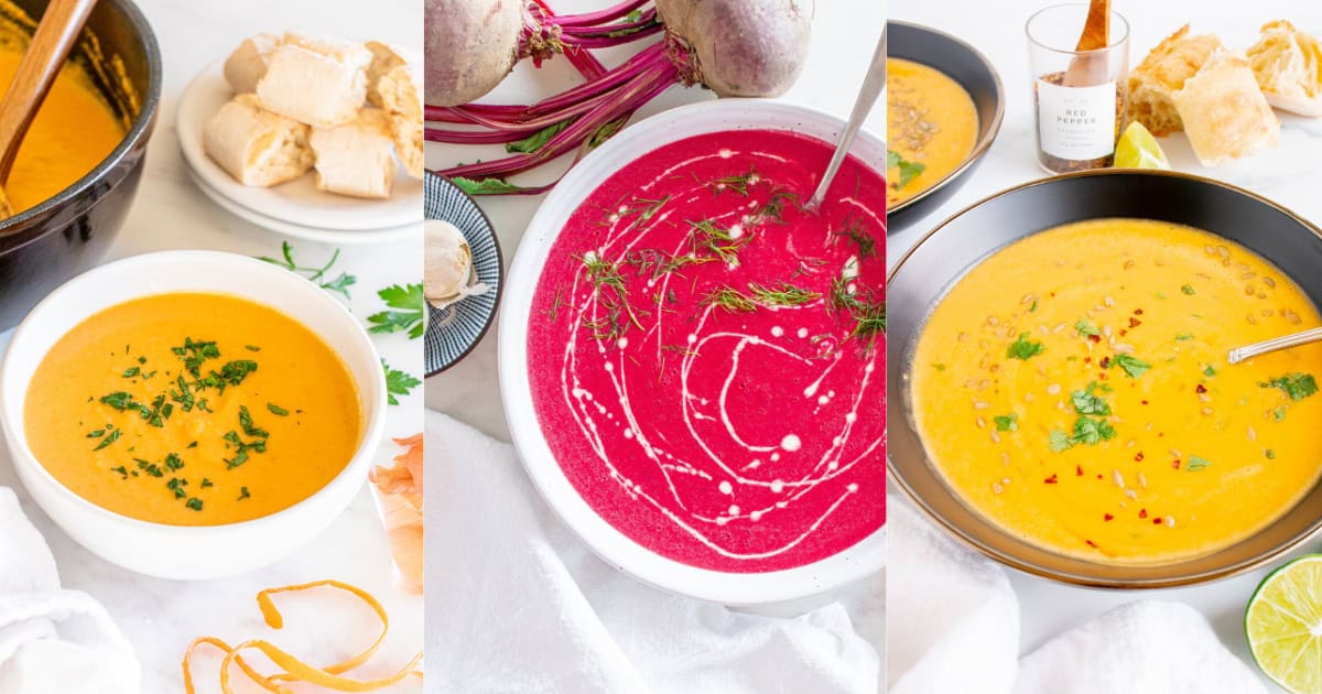 A collage of cauliflower soup, beet soup, and butternut squash soup.