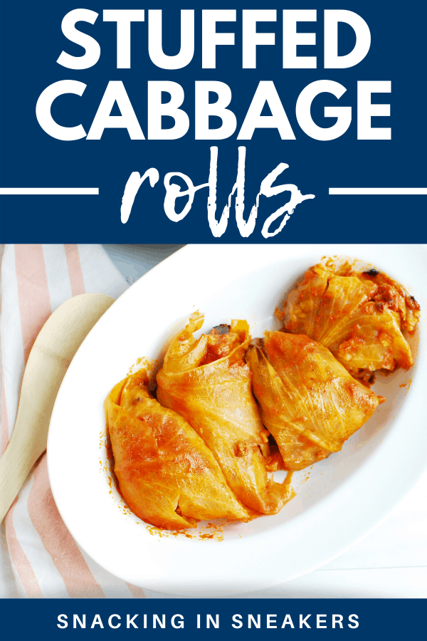 Hungarian stuffed cabbage rolls in a white serving dish, with a text overlay with the name of the recipe.