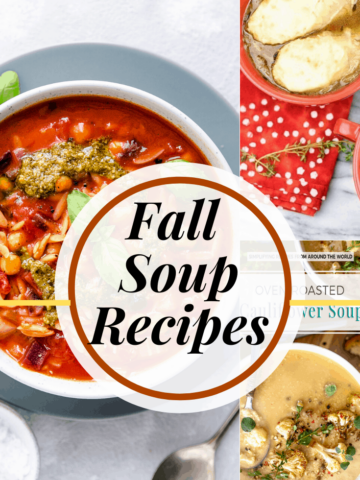 Collage of three different fall soup recipes, each in a bowl