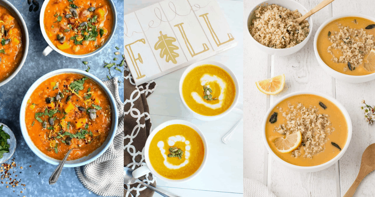 A bowl of lentil soup, a bowl of pumpkin soup, and a bowl of squash soup