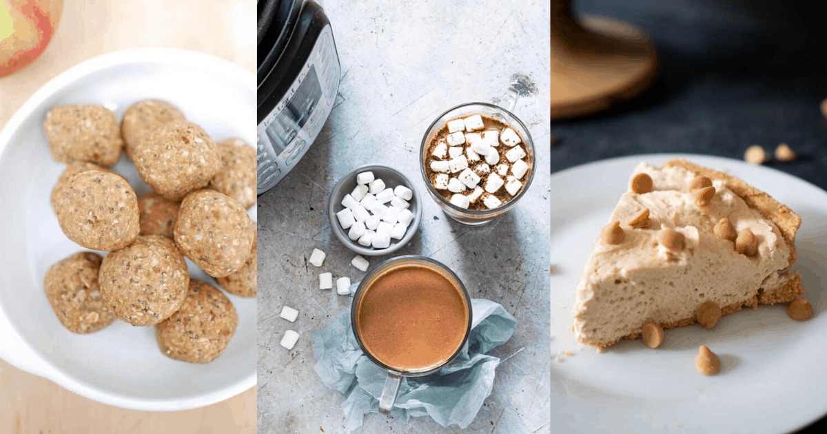 Collage image of peanut butter holiday desserts including pie, energy balls, and hot chocolate