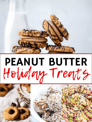 A collage of peanut butter cookies, energy balls, and other holiday peanut butter recipes