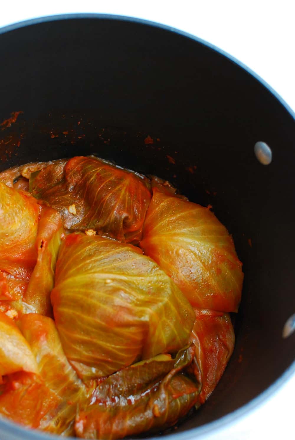 Stuffed cabbage rolls in a pot after cooking