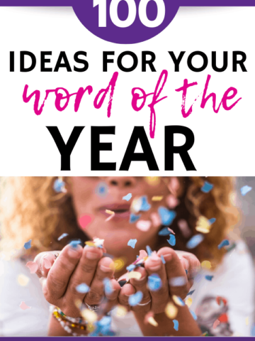 a woman blowing confetti to celebrate the new year with a text overlay about word of the year ideas