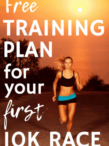 A woman running outdoors at sunrise with a text overlay about a free 10K training plan