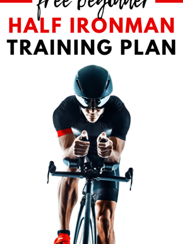 A man on a bicycle with a text overlay about a free half ironman training plan