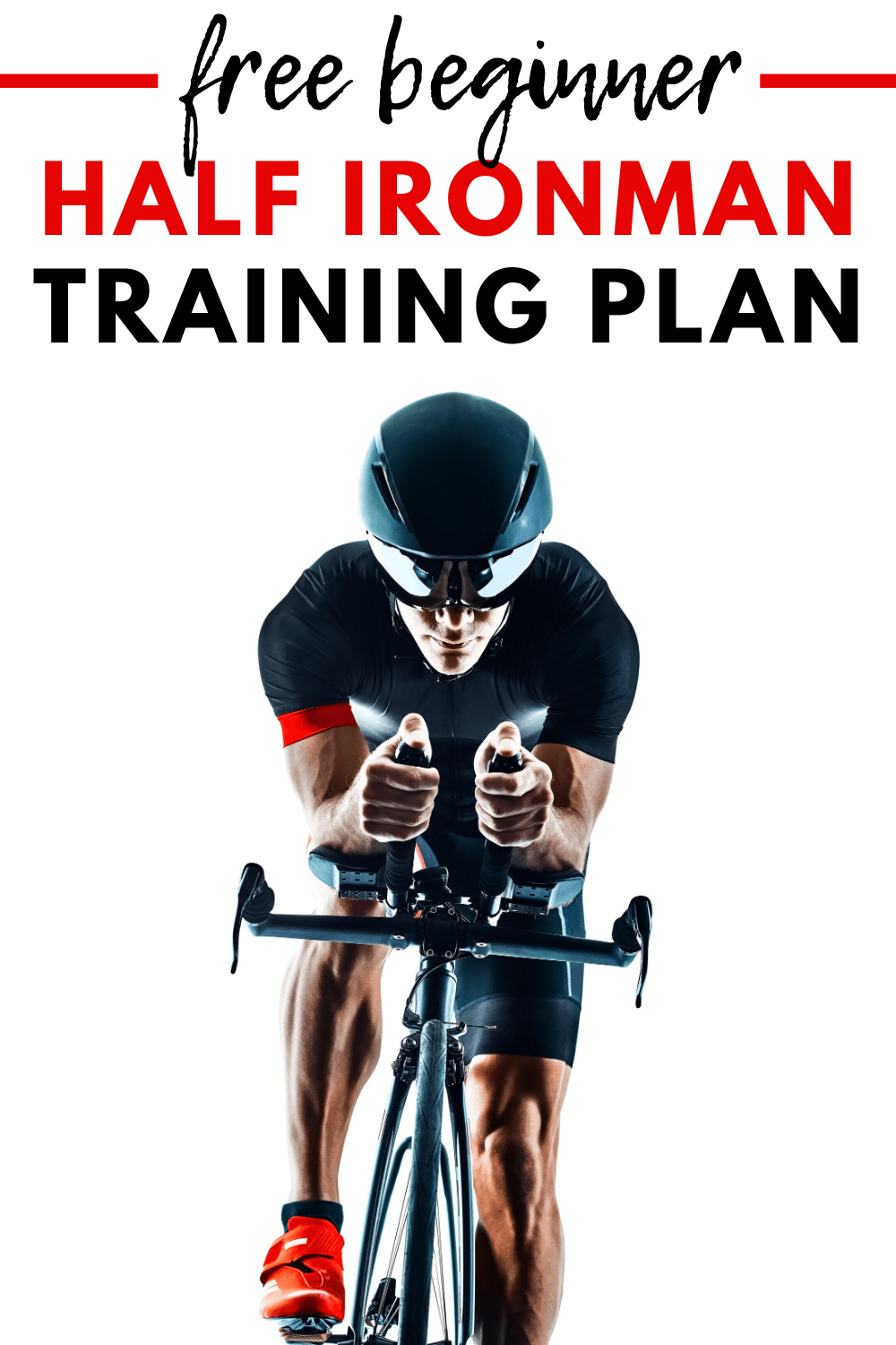 A man on a bicycle with a text overlay about a free half ironman training plan.